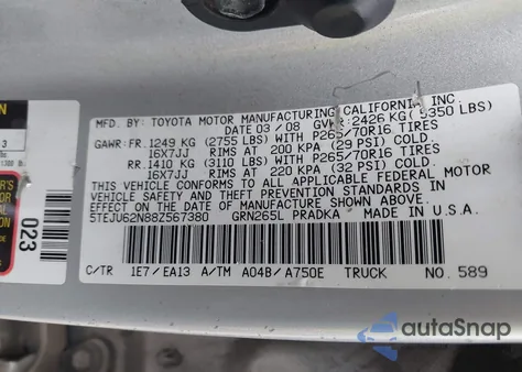 2008 Toyota Tacoma Prerunner V6 z USA, uszkodzony, nr VIN 5TEJU62N88Z567380